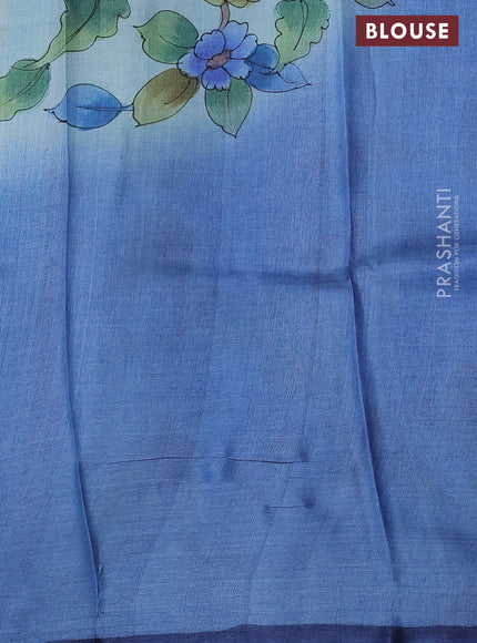 Pure tussar silk saree teal blue shade with allover floral hand painted prints and piping border