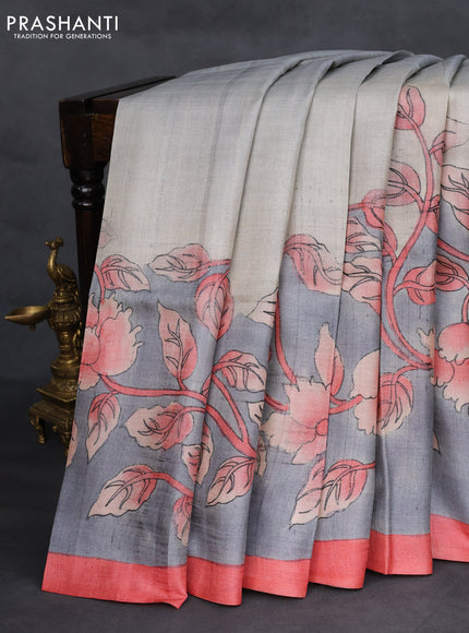 Pure tussar silk saree grey and red shade with hand painted prints and simple border