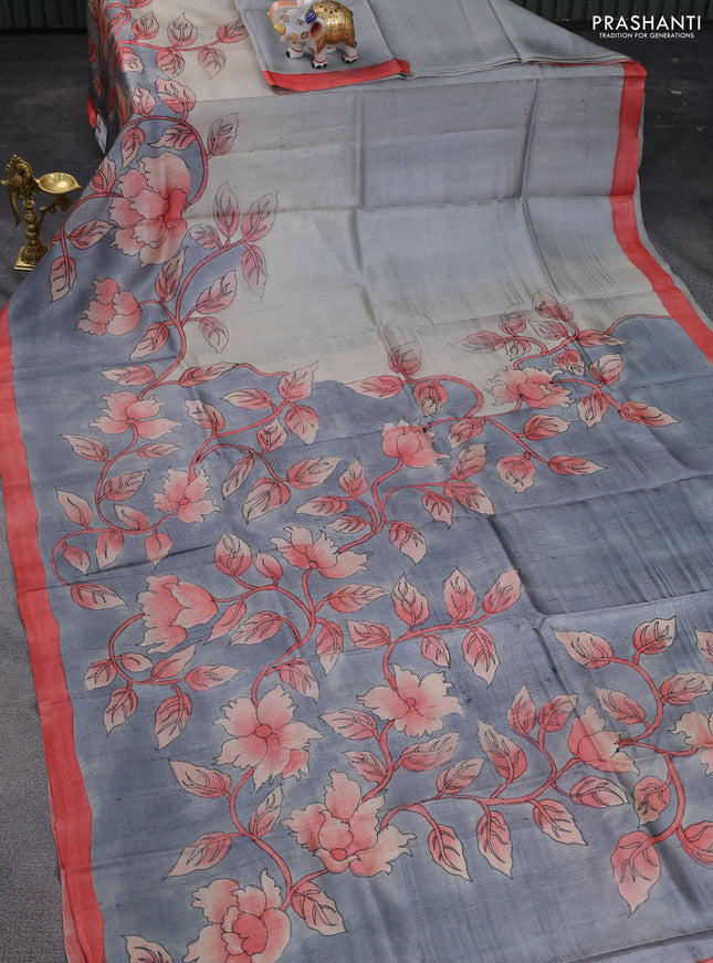 Pure tussar silk saree grey and red shade with hand painted prints and simple border