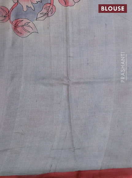 Pure tussar silk saree grey and red shade with hand painted prints and simple border