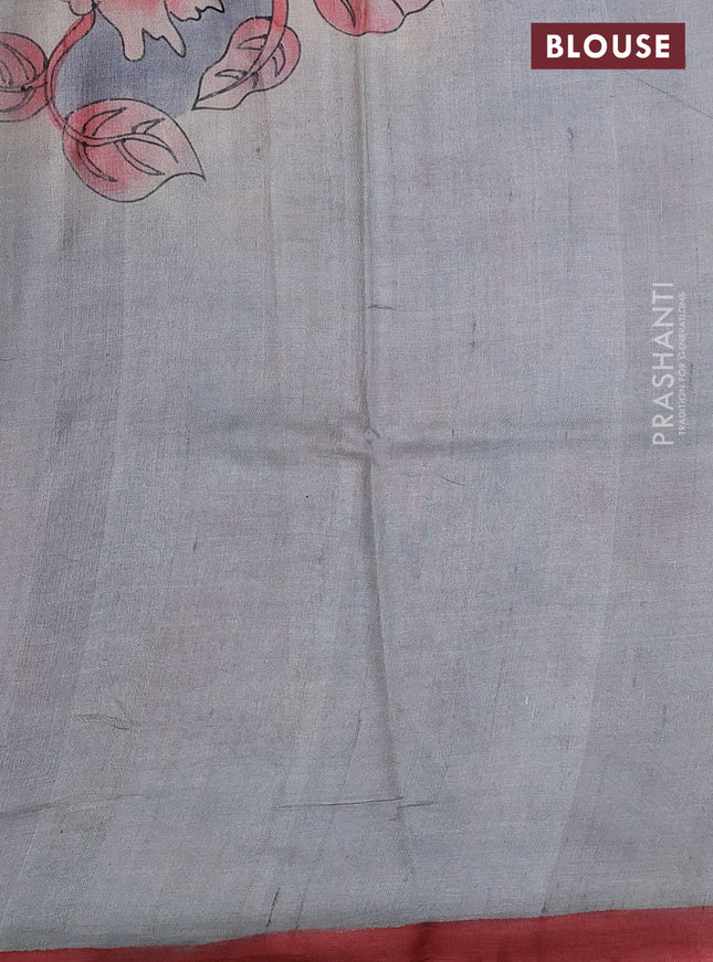 Pure tussar silk saree grey and red shade with hand painted prints and simple border