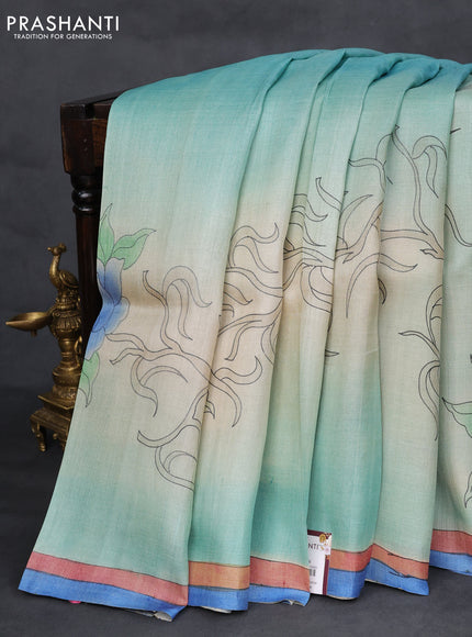 Pure tussar silk saree teal blue shade with hand painted prints and simple border