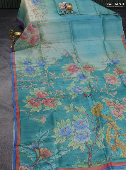 Pure tussar silk saree teal blue shade with hand painted prints and simple border