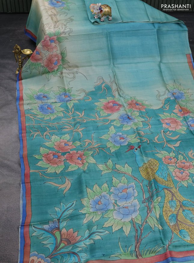 Pure tussar silk saree teal blue shade with hand painted prints and simple border