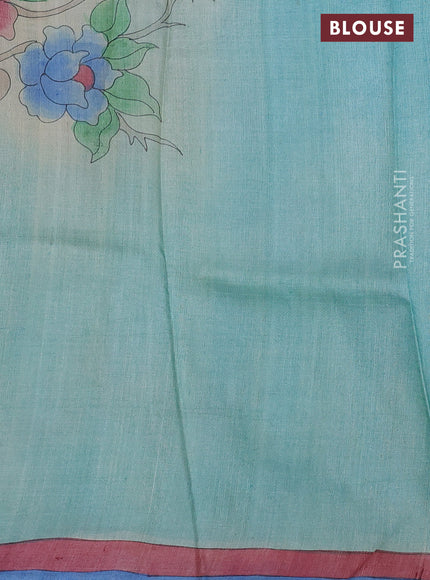 Pure tussar silk saree teal blue shade with hand painted prints and simple border