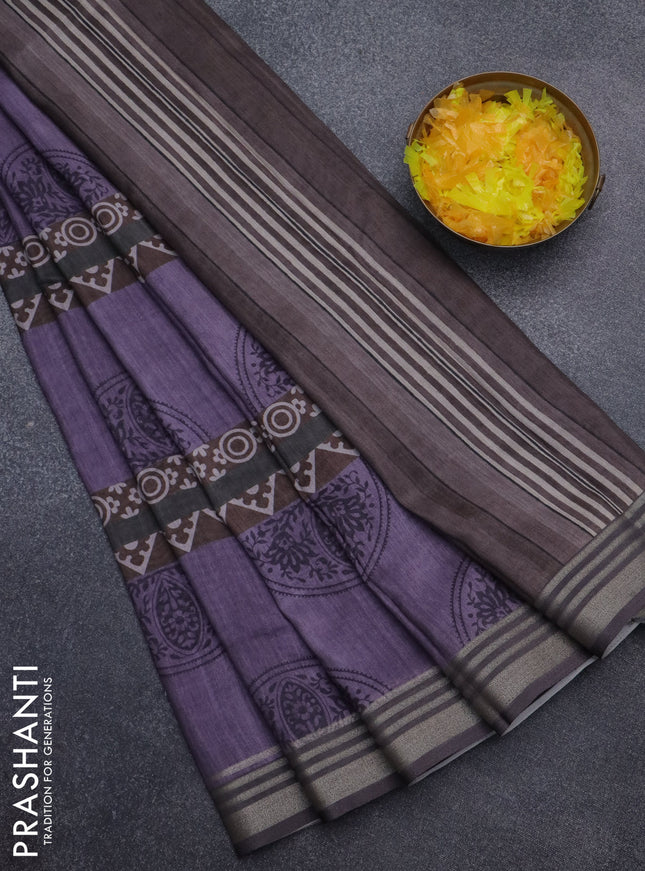 Semi tussar saree violet shade and elephant grey with allover geometric prints and zari woven border