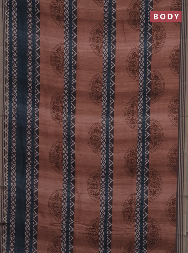 Semi tussar saree brown shade and grey with allover geometric prints and zari woven border