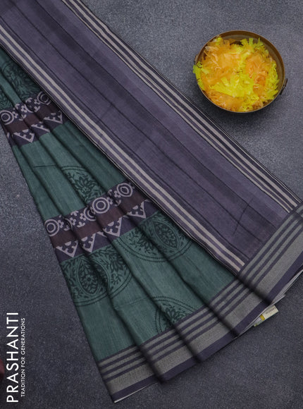 Semi tussar saree pastel green and grey with allover geometric prints and zari woven border