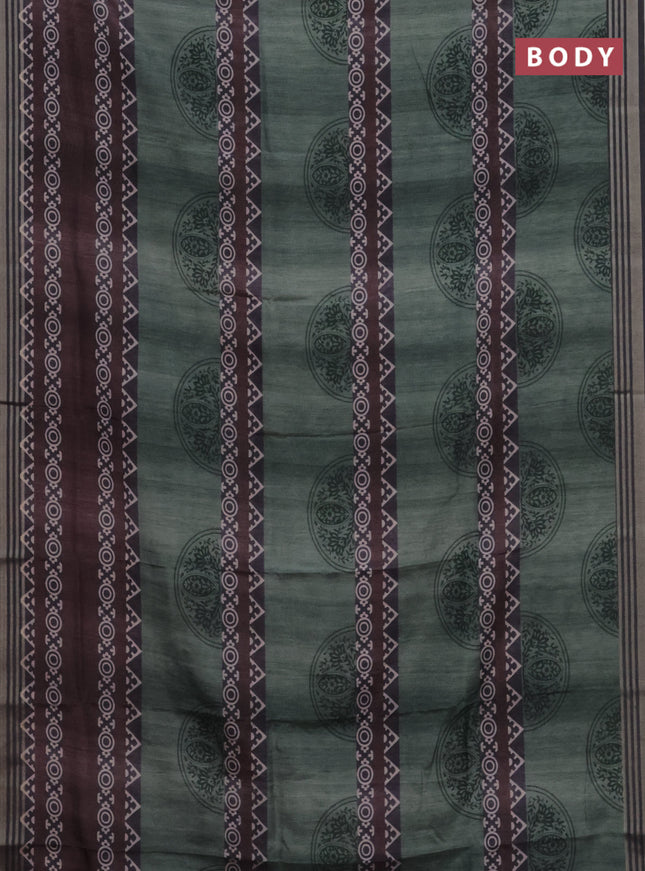 Semi tussar saree pastel green and grey with allover geometric prints and zari woven border