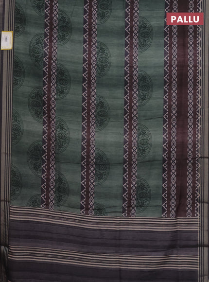 Semi tussar saree pastel green and grey with allover geometric prints and zari woven border