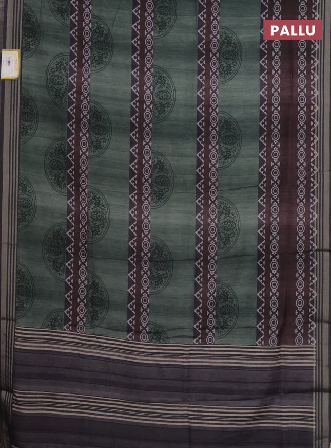 Semi tussar saree pastel green and grey with allover geometric prints and zari woven border