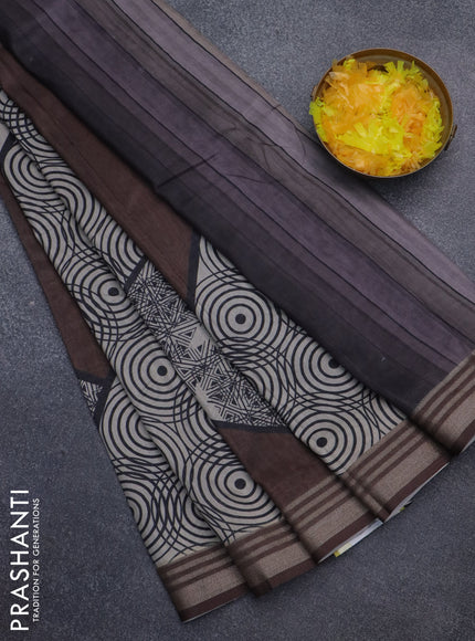 Semi tussar saree brown and beige with allover geometric prints and zari woven border