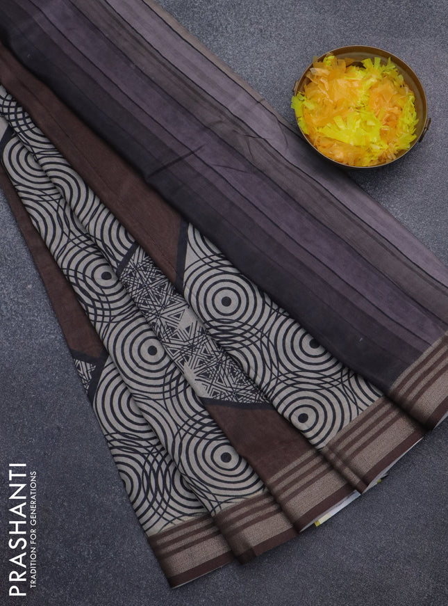 Semi tussar saree brown and beige with allover geometric prints and zari woven border