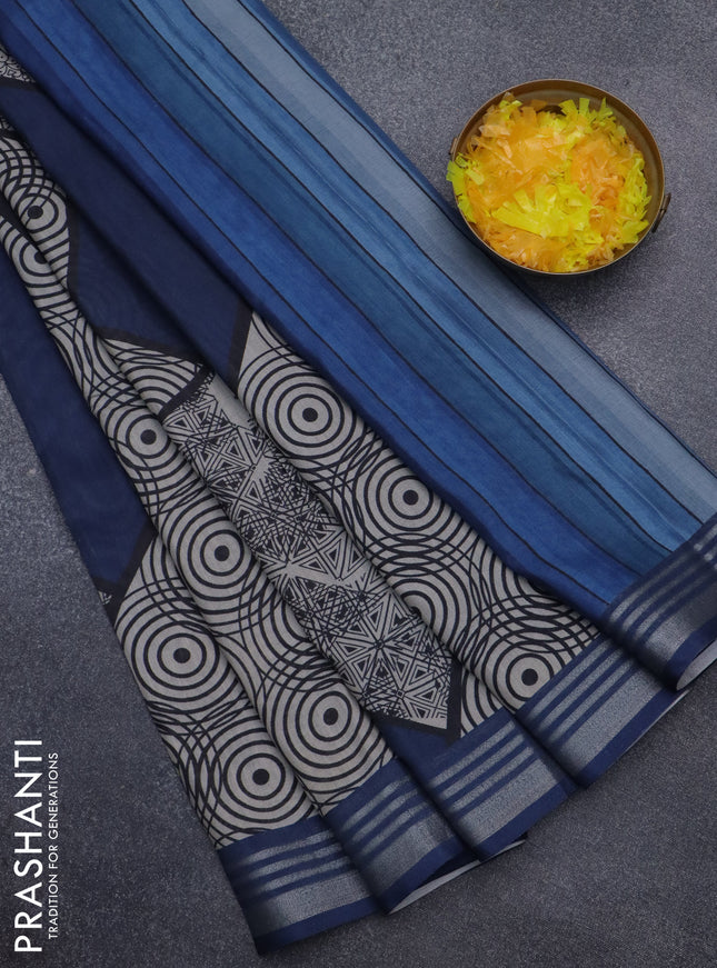 Semi tussar saree blue and beige with allover geometric prints and zari woven border