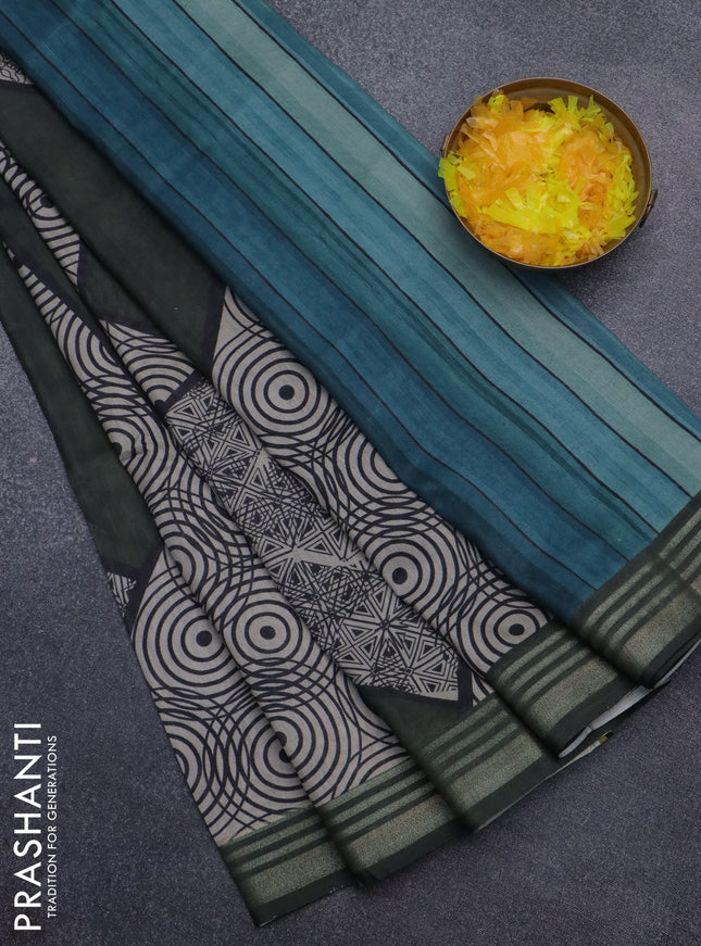 Semi tussar saree sap green and beige with allover geometric prints and zari woven border