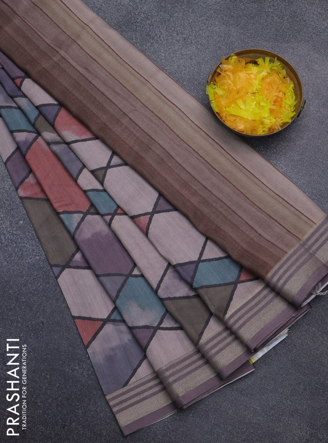 Semi tussar saree multicolour and grey with allover geometric prints and zari woven border