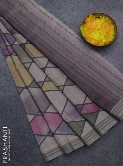 Semi tussar saree multicolour and grey with allover geometric prints and zari woven border