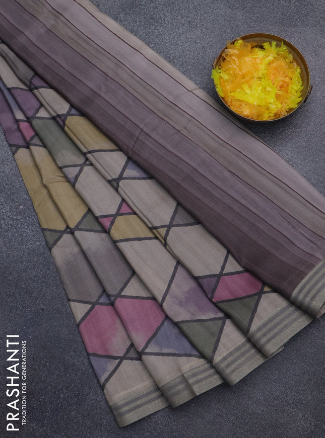 Semi tussar saree multicolour and grey with allover geometric prints and zari woven border