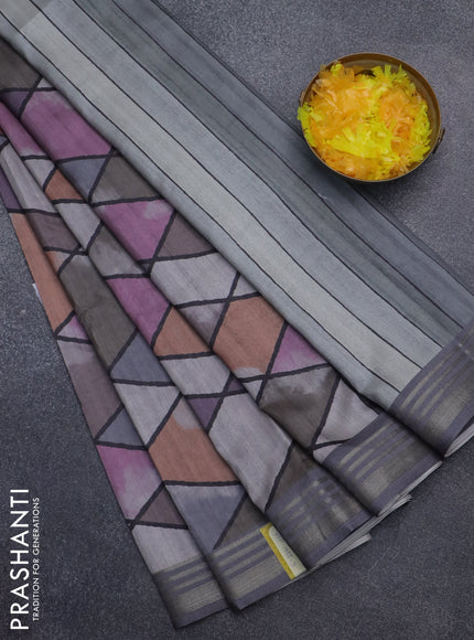 Semi tussar saree multicolour and grey with allover geometric prints and zari woven border