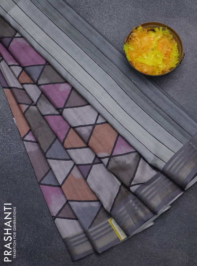Semi tussar saree multicolour and grey with allover geometric prints and zari woven border