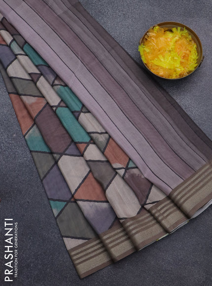Semi tussar saree multicolour and grey with allover geometric prints and zari woven border