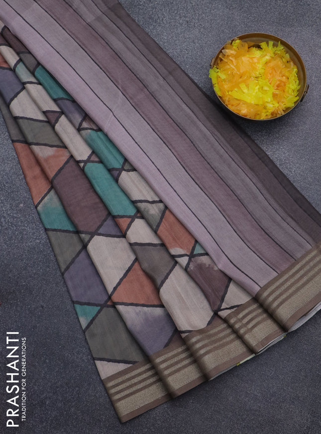 Semi tussar saree multicolour and grey with allover geometric prints and zari woven border