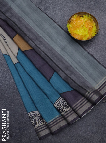 Semi tussar saree beige grey and peacock blue with allover prints and zari woven border