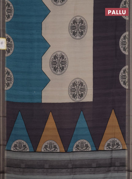 Semi tussar saree beige grey and peacock blue with allover prints and zari woven border