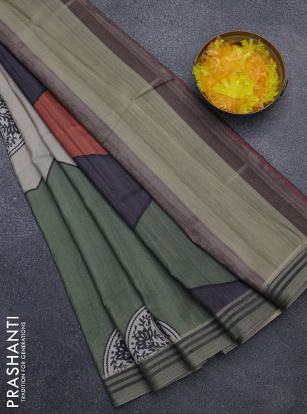 Semi tussar saree beige grey and sap green with allover prints and zari woven border