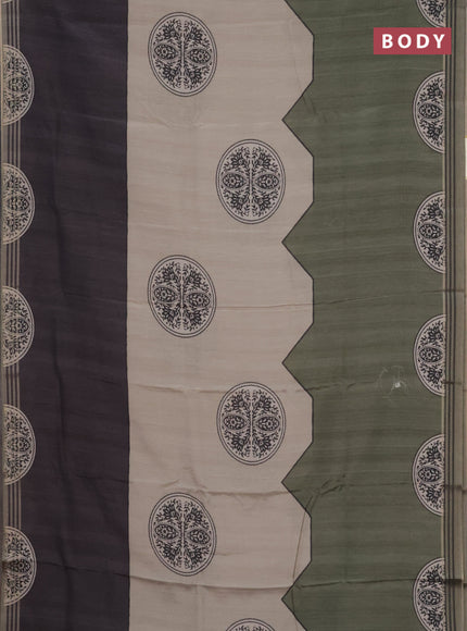 Semi tussar saree beige grey and sap green with allover prints and zari woven border