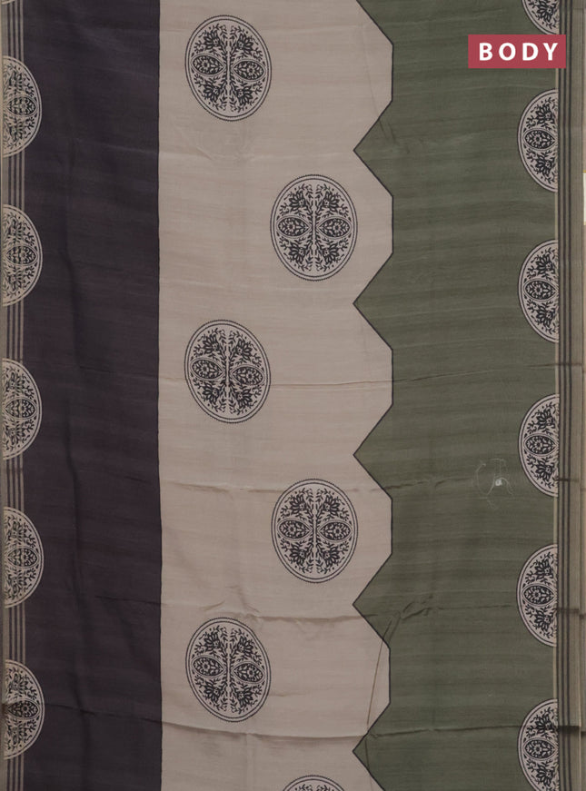 Semi tussar saree beige grey and sap green with allover prints and zari woven border