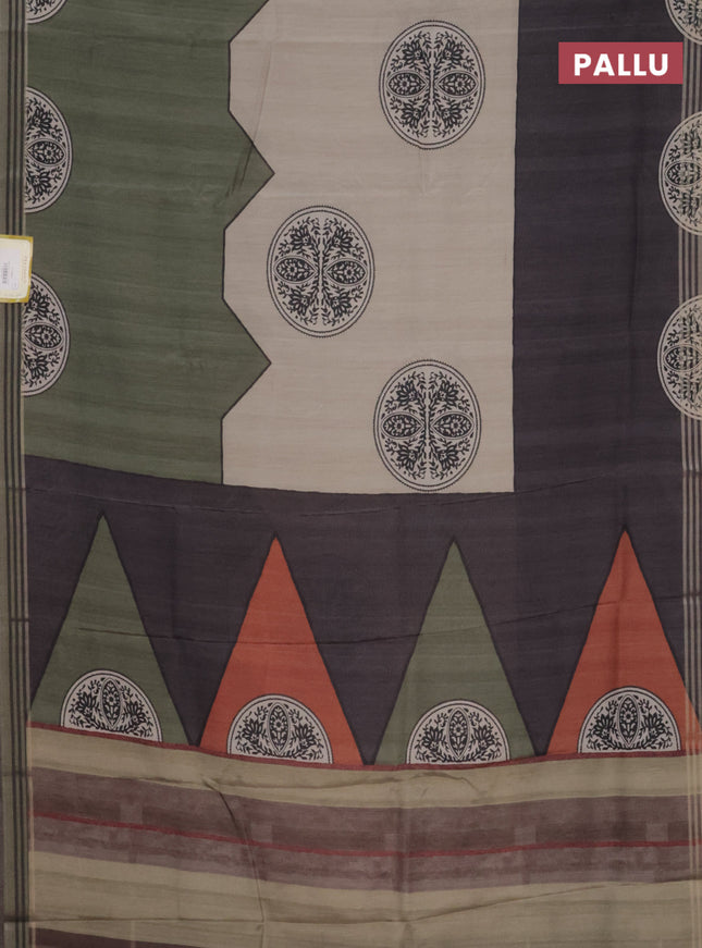Semi tussar saree beige grey and sap green with allover prints and zari woven border