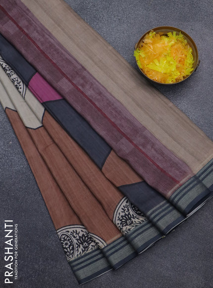 Semi tussar saree beige grey and brown with allover prints and zari woven border