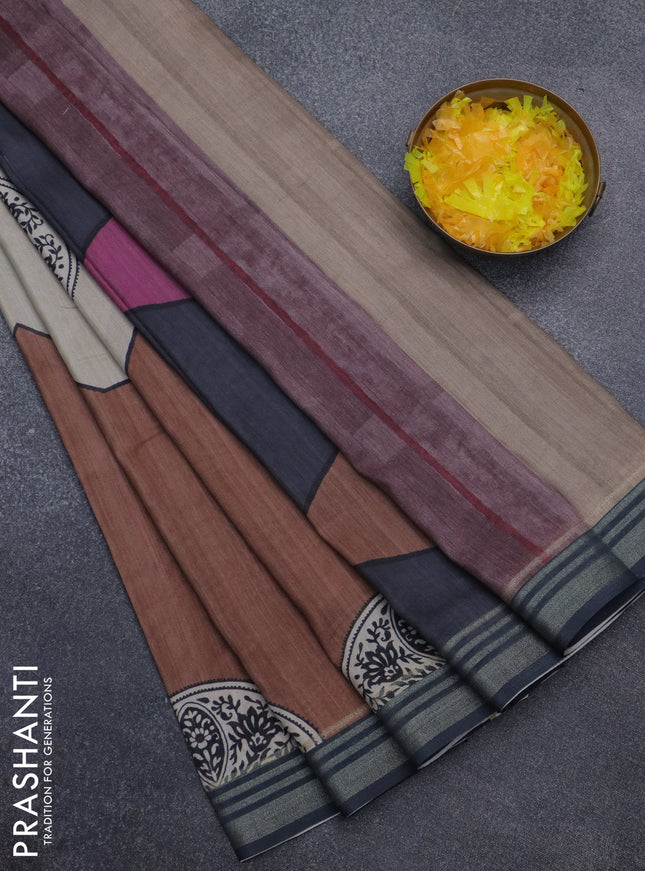Semi tussar saree beige grey and brown with allover prints and zari woven border