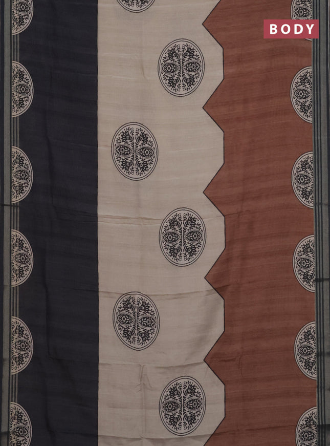 Semi tussar saree beige grey and brown with allover prints and zari woven border