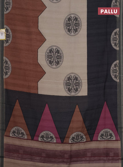 Semi tussar saree beige grey and brown with allover prints and zari woven border