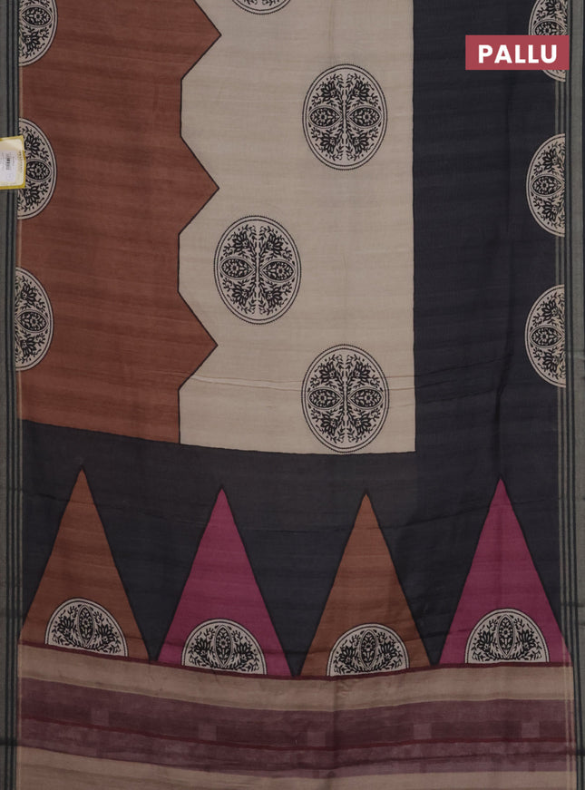 Semi tussar saree beige grey and brown with allover prints and zari woven border