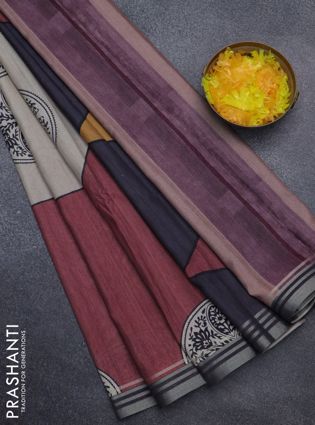 Semi tussar saree beige grey and maroon with allover prints and zari woven border