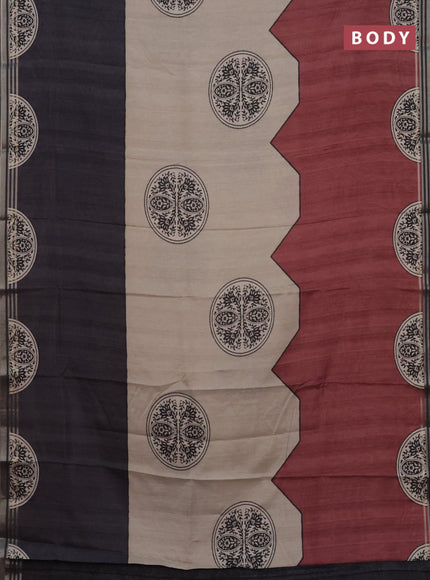 Semi tussar saree beige grey and maroon with allover prints and zari woven border