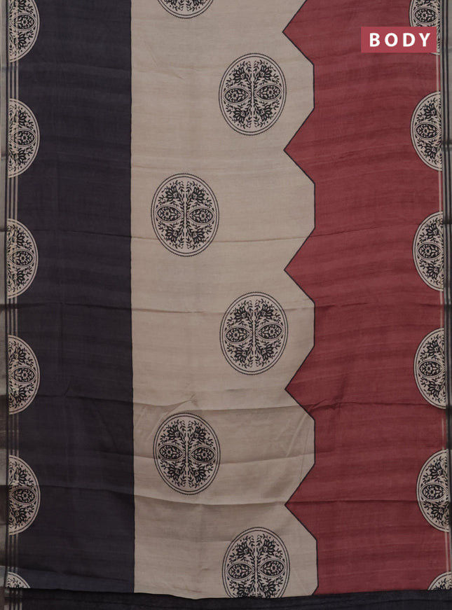 Semi tussar saree beige grey and maroon with allover prints and zari woven border