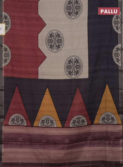 Semi tussar saree beige grey and maroon with allover prints and zari woven border