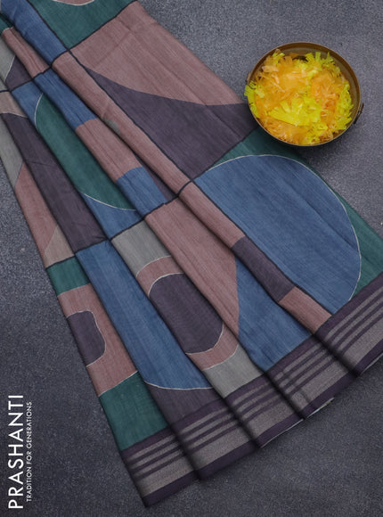 Semi tussar saree multicolour and jamun shade with allover prints and zari woven border