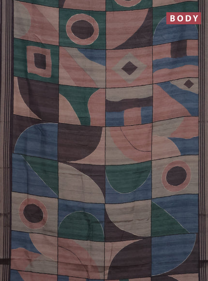 Semi tussar saree multicolour and jamun shade with allover prints and zari woven border