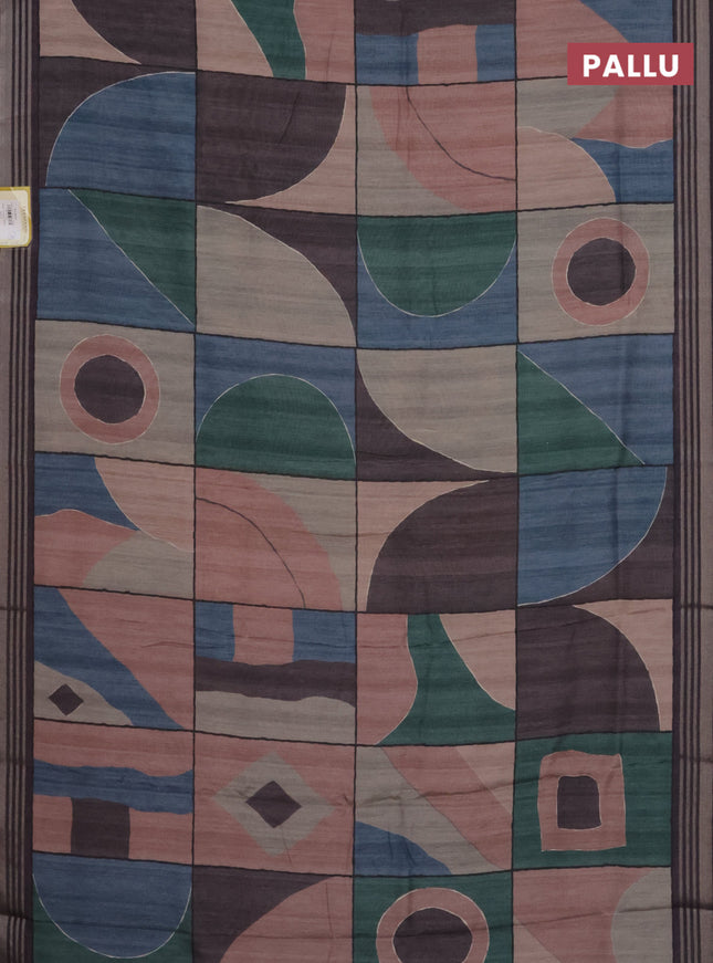 Semi tussar saree multicolour and jamun shade with allover prints and zari woven border