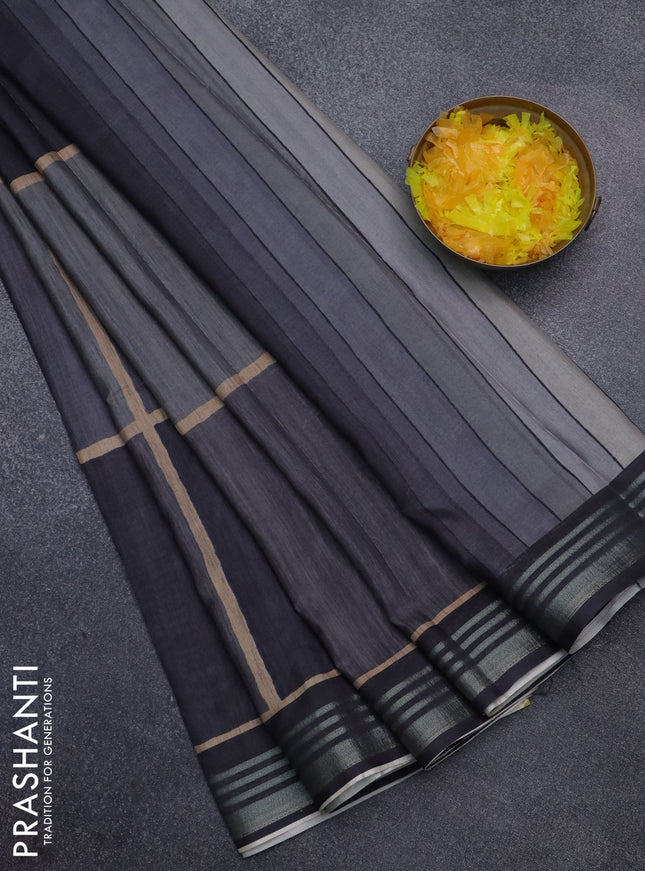 Semi tussar saree grey shade and black with allover prints and zari woven border