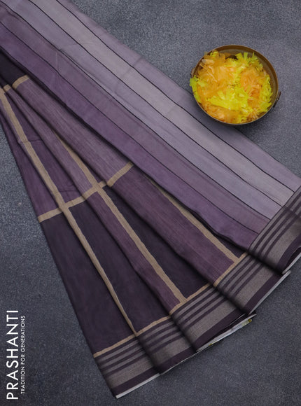 Semi tussar saree jamun shade and grey with allover prints and zari woven border