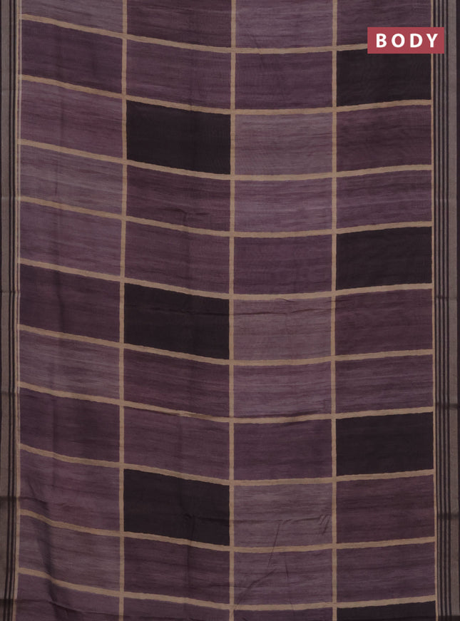 Semi tussar saree jamun shade and grey with allover prints and zari woven border