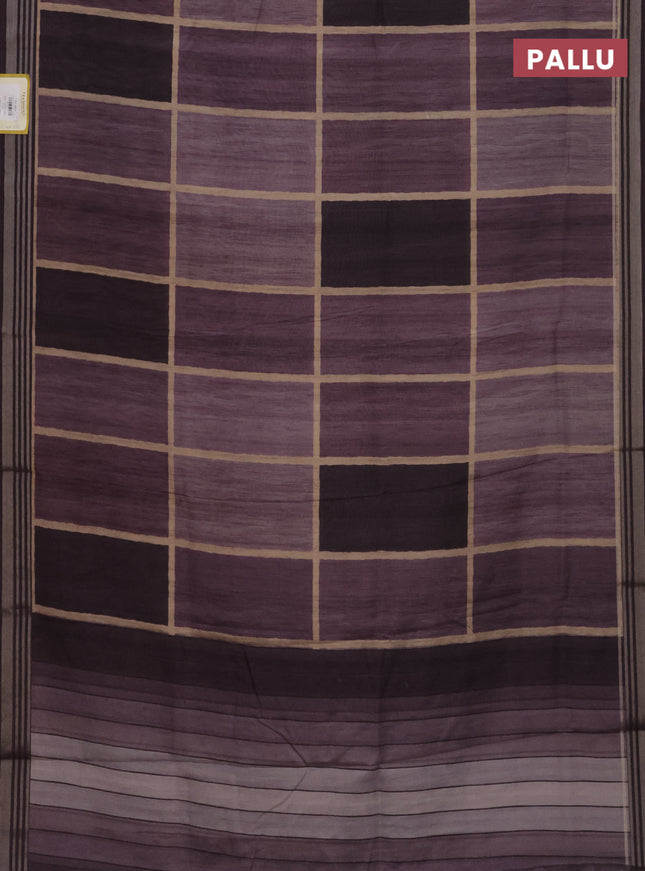 Semi tussar saree jamun shade and grey with allover prints and zari woven border