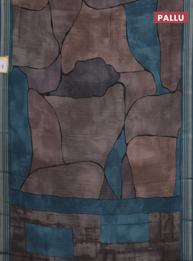 Semi tussar saree grey and teal blue with allover prints and zari woven border