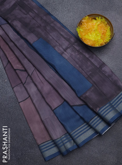 Semi tussar saree jamun shade and peacock blue with allover prints and zari woven border